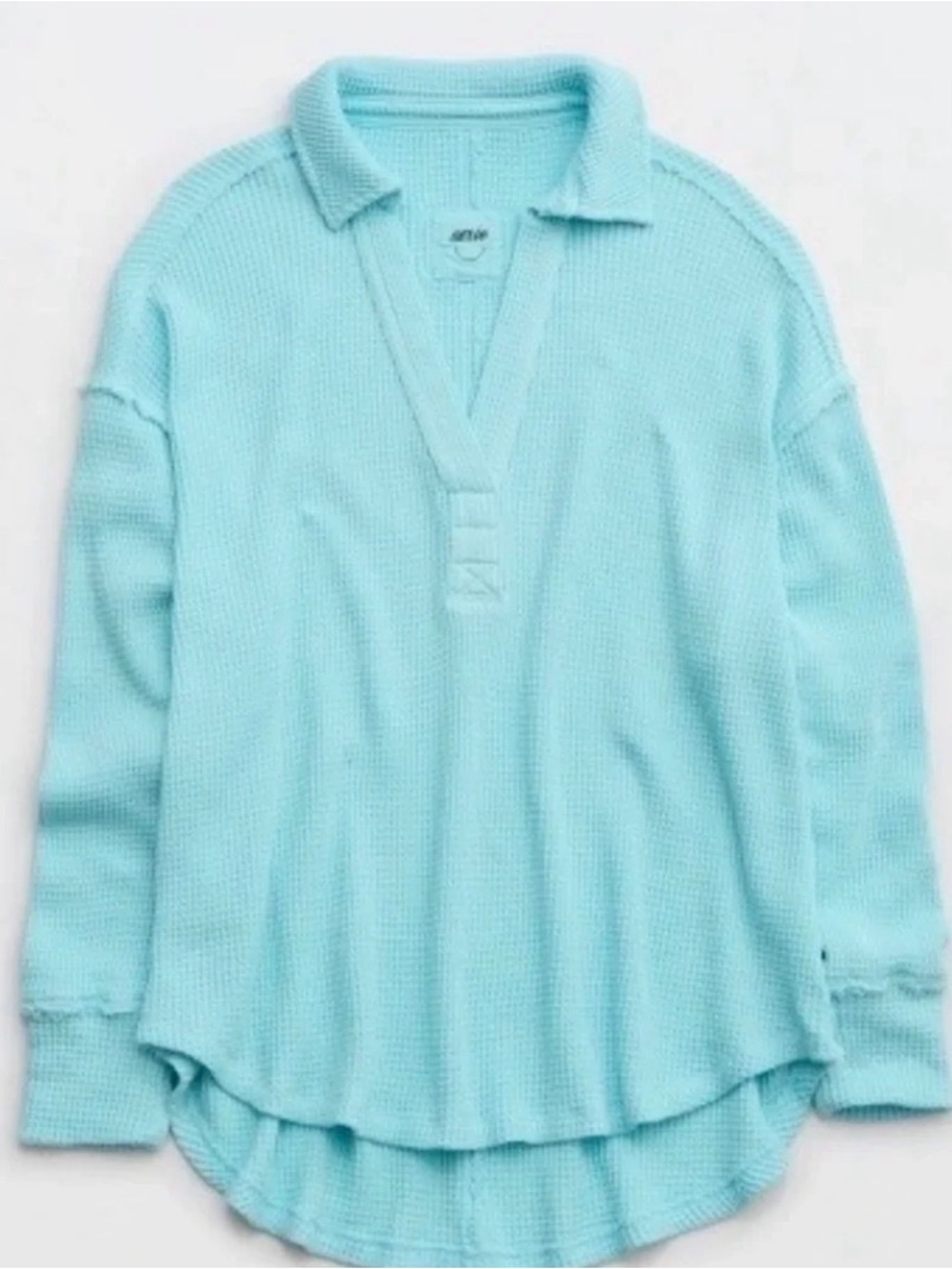 aerie Light Aqua V-Neck Waffle Sweater